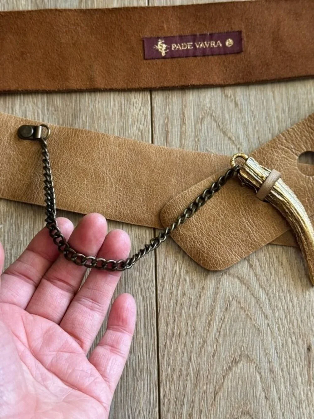 Rare PADE VAVRA Brown Leather Gold Cast Antler Chain Closure Crossover Hip Belt